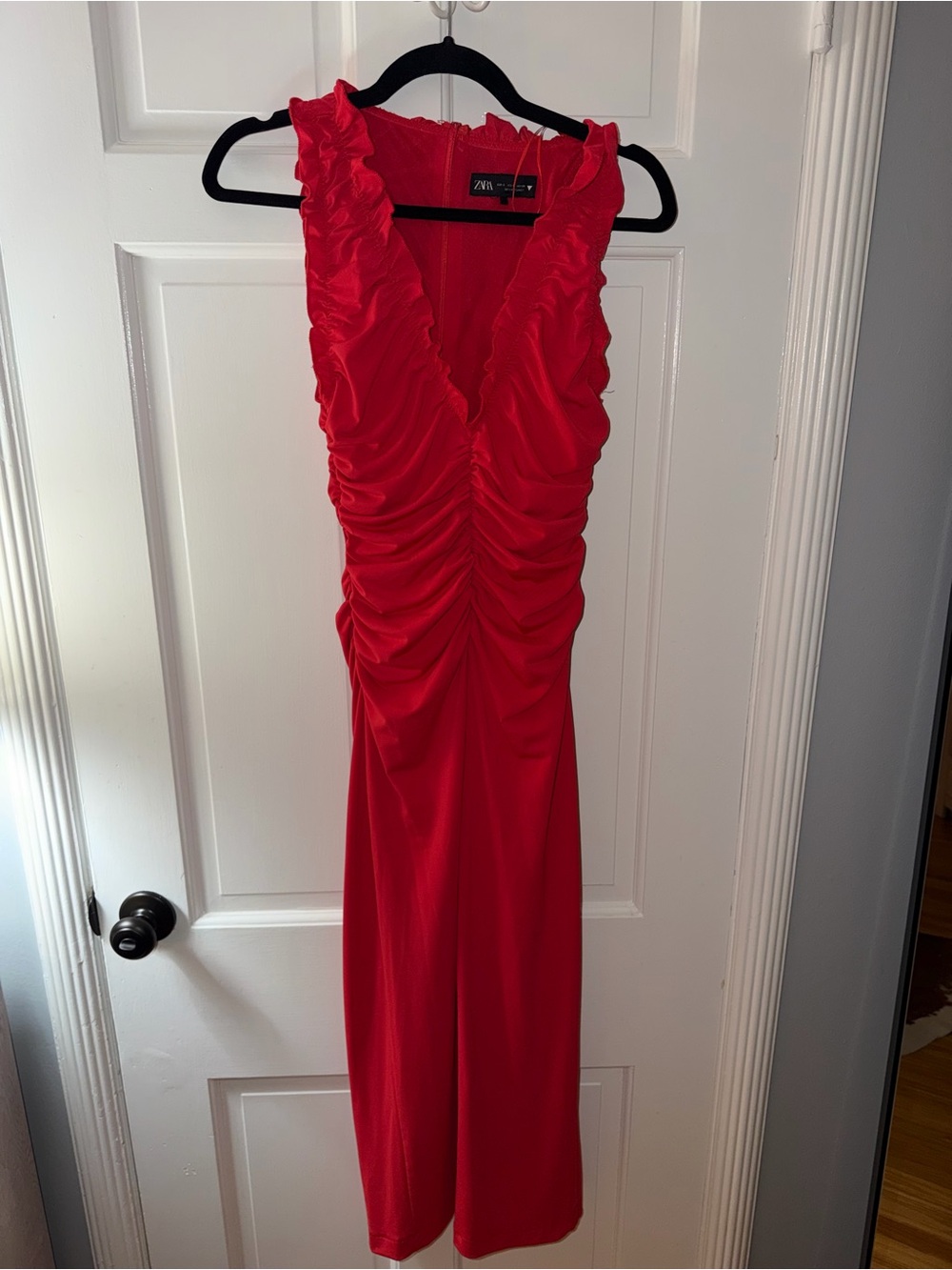 Zara Bright Red Ruched V-Neck Midi Dress